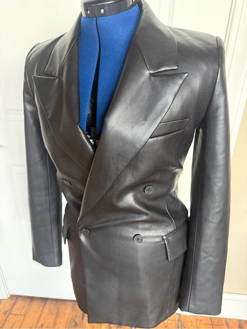 Zara Black Double-Breasted Leather Blazer